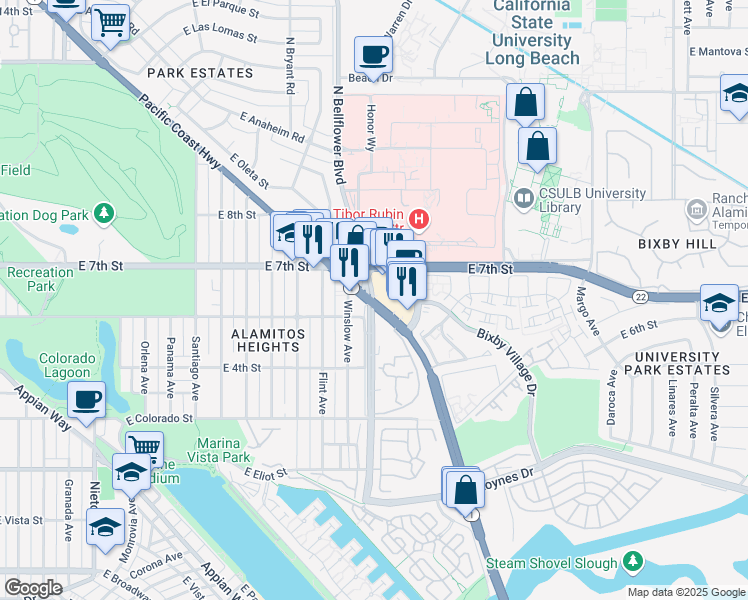 map of restaurants, bars, coffee shops, grocery stores, and more near 5760 East 7th Street in Long Beach