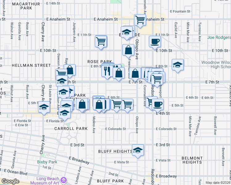 map of restaurants, bars, coffee shops, grocery stores, and more near 2840 East Theresa Street in Long Beach
