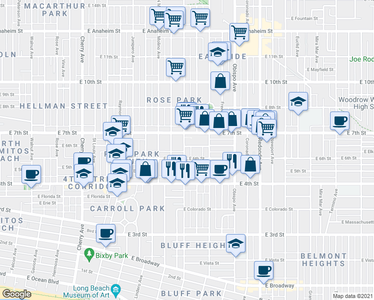 map of restaurants, bars, coffee shops, grocery stores, and more near 2840 East Theresa Street in Long Beach
