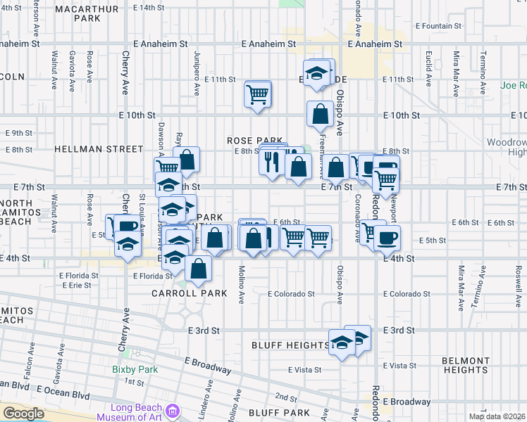 map of restaurants, bars, coffee shops, grocery stores, and more near 2721 East 6th Street in Long Beach