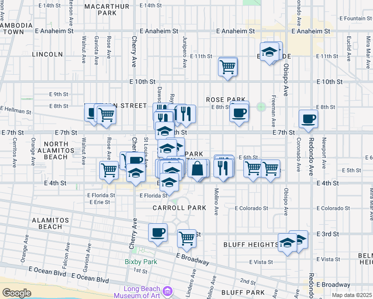 map of restaurants, bars, coffee shops, grocery stores, and more near 625 Stanley Avenue in Long Beach