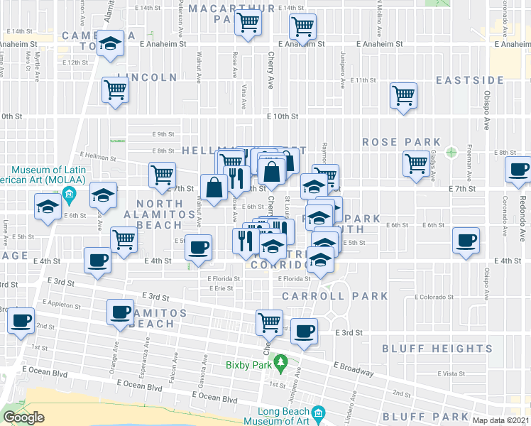 map of restaurants, bars, coffee shops, grocery stores, and more near 1918 East 6th Street in Long Beach