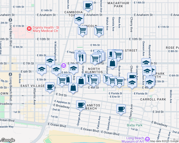 map of restaurants, bars, coffee shops, grocery stores, and more near 524 Almond Avenue in Long Beach