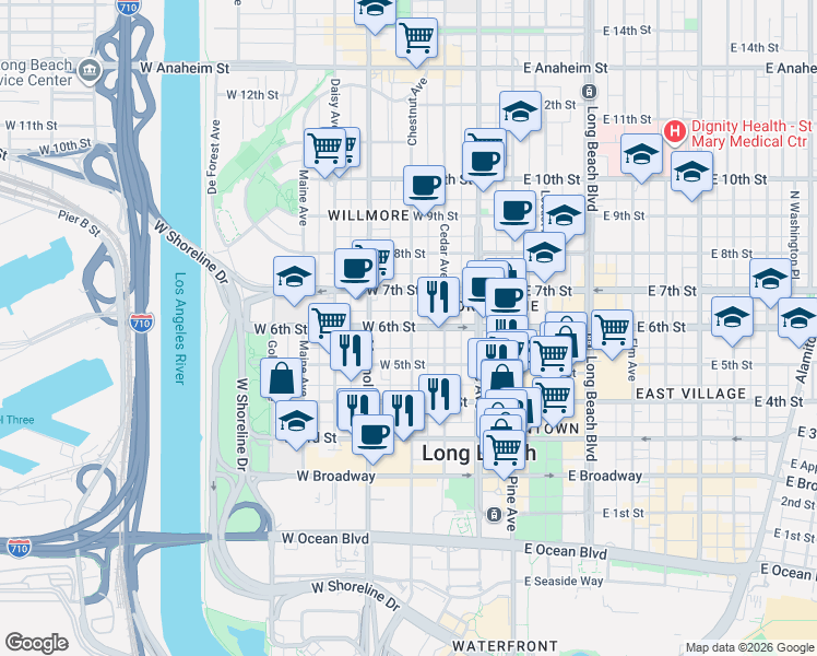 map of restaurants, bars, coffee shops, grocery stores, and more near 545 Chestnut Avenue in Long Beach