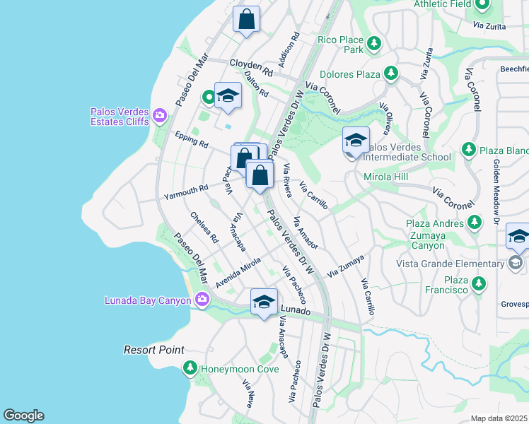 map of restaurants, bars, coffee shops, grocery stores, and more near 717 Vía Bandini in Palos Verdes Estates