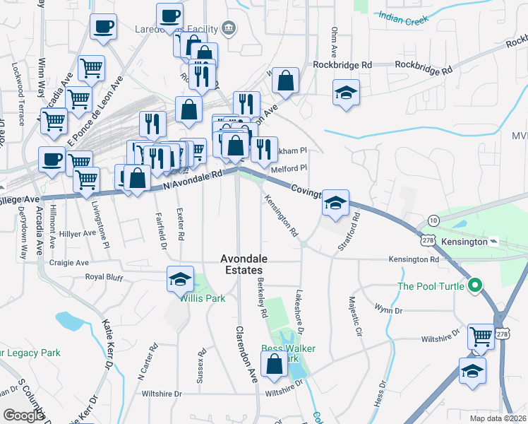map of restaurants, bars, coffee shops, grocery stores, and more near 12 Berkeley Road in Avondale Estates