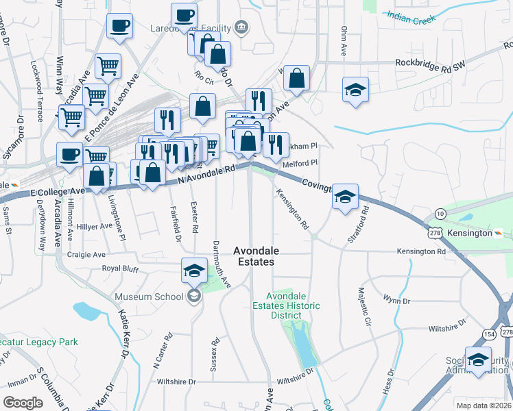 map of restaurants, bars, coffee shops, grocery stores, and more near 14 Clarendon Avenue in Avondale Estates