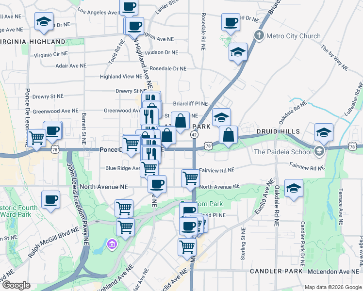 map of restaurants, bars, coffee shops, grocery stores, and more near 1136 Ponce De Leon Avenue Northeast in Atlanta