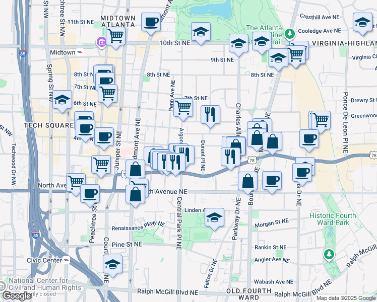 map of restaurants, bars, coffee shops, grocery stores, and more near 331 4th Street Northeast in Atlanta