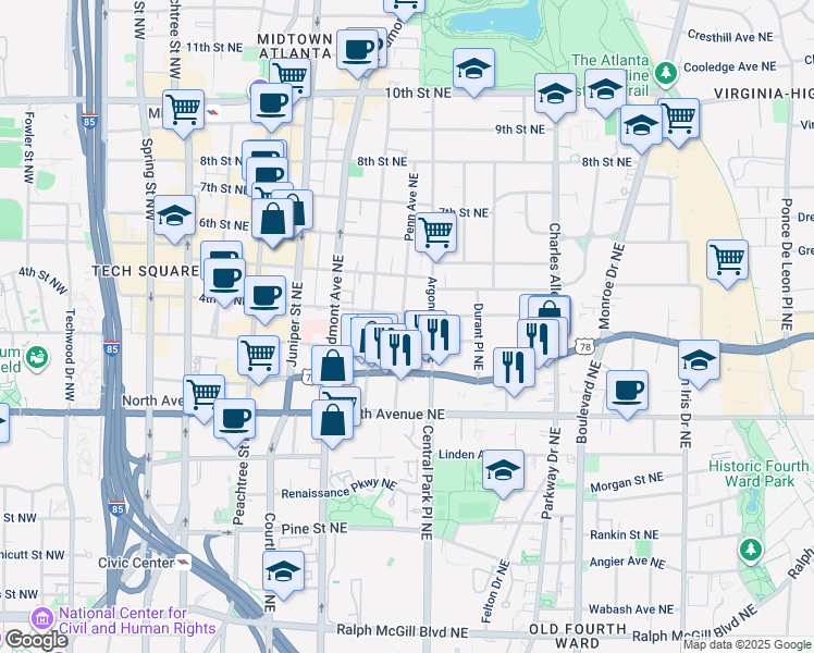 map of restaurants, bars, coffee shops, grocery stores, and more near 710 Argonne Avenue Northeast in Atlanta
