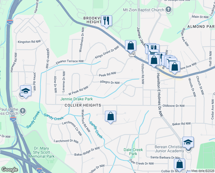 map of restaurants, bars, coffee shops, grocery stores, and more near 704 Indigo Lane Northwest in Atlanta