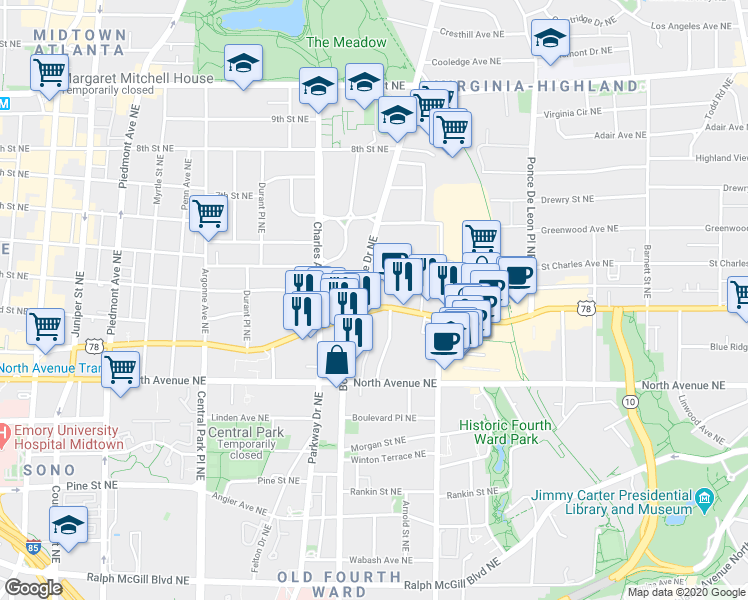 map of restaurants, bars, coffee shops, grocery stores, and more near 494 Ponce De Leon Avenue Northeast in Atlanta