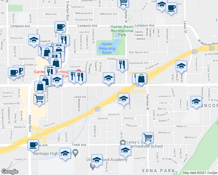map of restaurants, bars, coffee shops, grocery stores, and more near 12832 Garden Grove Boulevard in Garden Grove