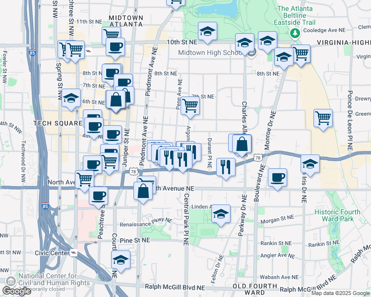 map of restaurants, bars, coffee shops, grocery stores, and more near 710 Argonne Avenue Northeast in Atlanta