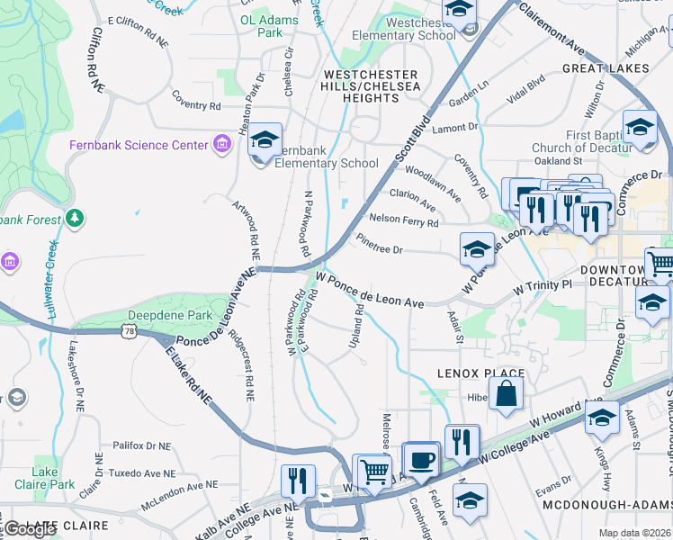 map of restaurants, bars, coffee shops, grocery stores, and more near 837 West Ponce de Leon Avenue in Decatur