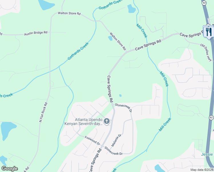 map of restaurants, bars, coffee shops, grocery stores, and more near 1129 Cave Springs Road in Douglasville