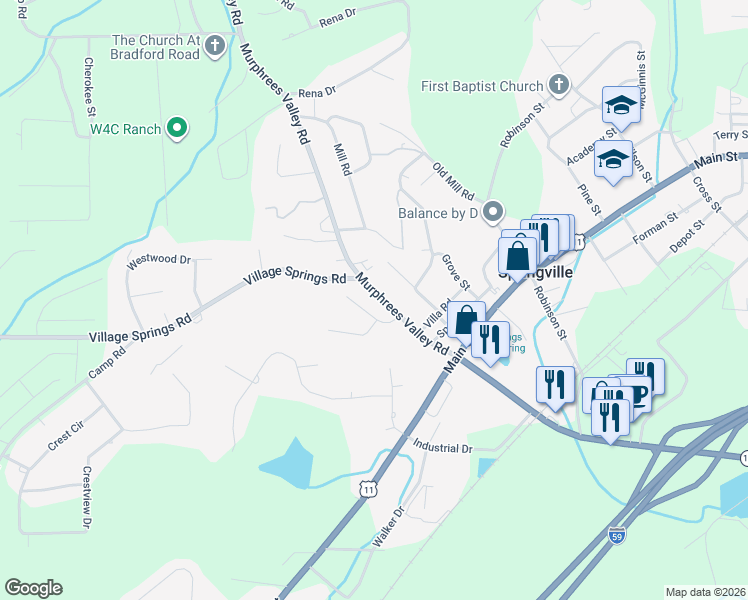 map of restaurants, bars, coffee shops, grocery stores, and more near 50 Meadow Brook in Springville