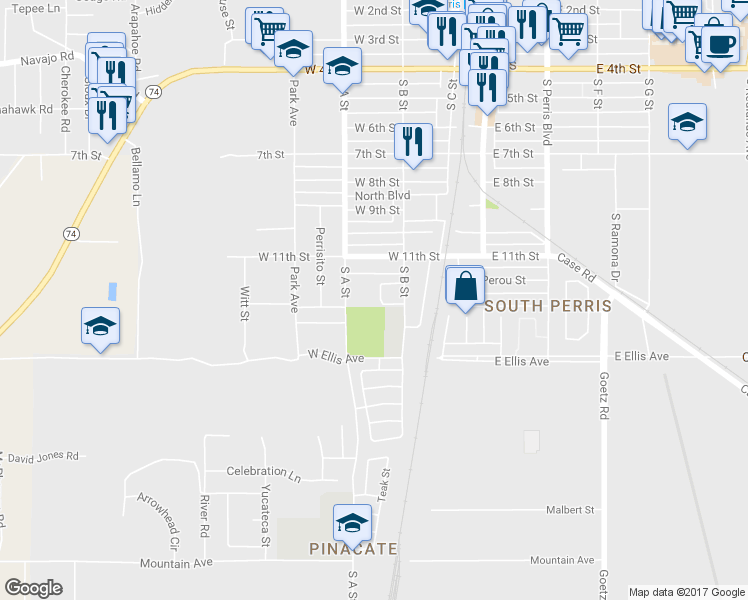 map of restaurants, bars, coffee shops, grocery stores, and more near 358 Faith Circle in Perris