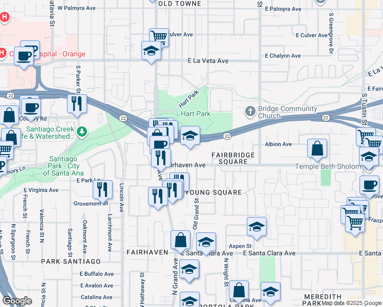 map of restaurants, bars, coffee shops, grocery stores, and more near 1415 Fairhaven Avenue in Santa Ana