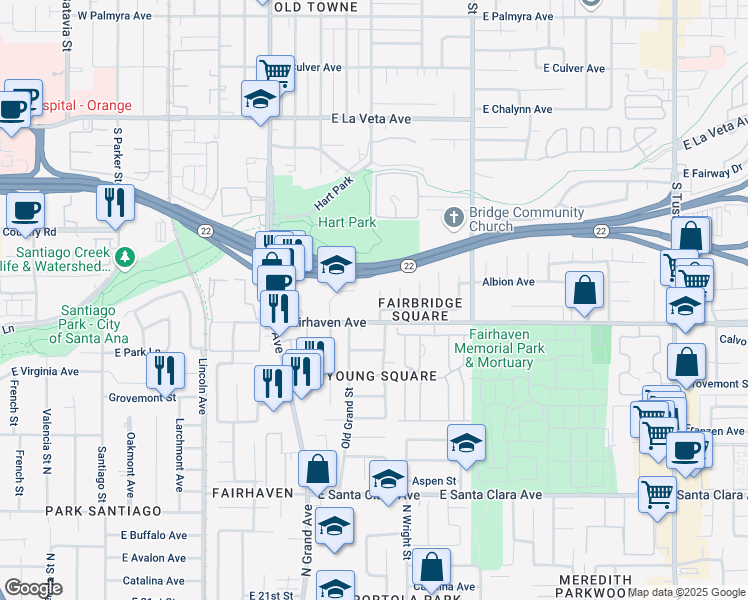 map of restaurants, bars, coffee shops, grocery stores, and more near 1415 Fairhaven Avenue in Santa Ana