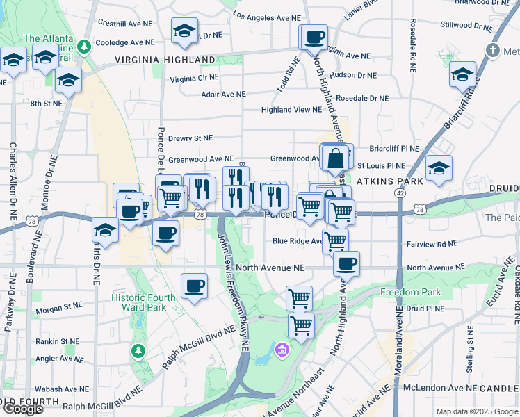 map of restaurants, bars, coffee shops, grocery stores, and more near 928 Ponce De Leon Avenue Northeast in Atlanta
