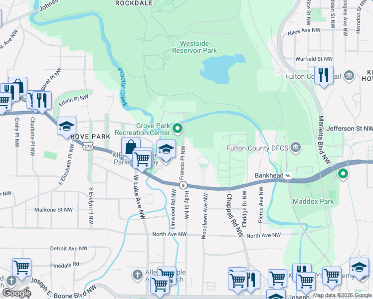 map of restaurants, bars, coffee shops, grocery stores, and more near 696 Francis Place Northwest in Atlanta