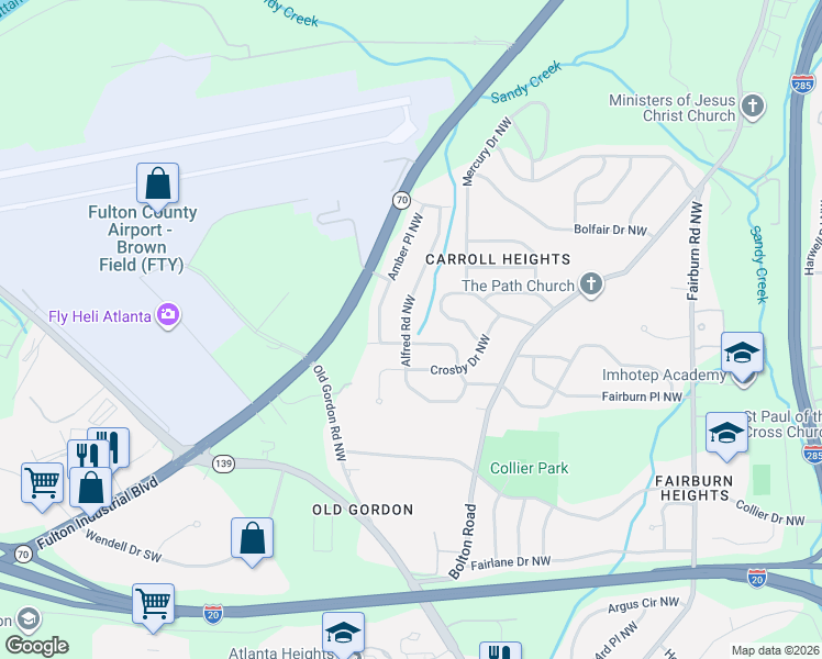 map of restaurants, bars, coffee shops, grocery stores, and more near 710 Alfred Road Northwest in Atlanta