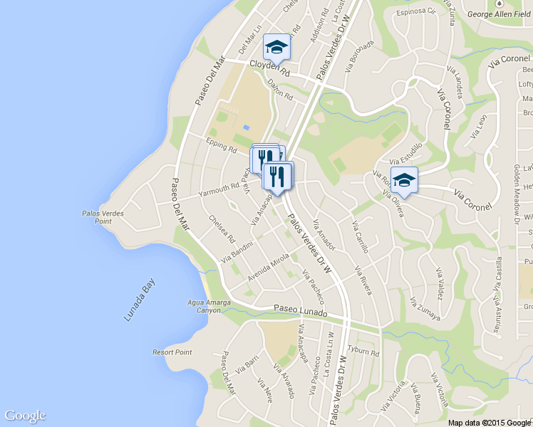 map of restaurants, bars, coffee shops, grocery stores, and more near 2300 Vía Pacheco in Palos Verdes Estates