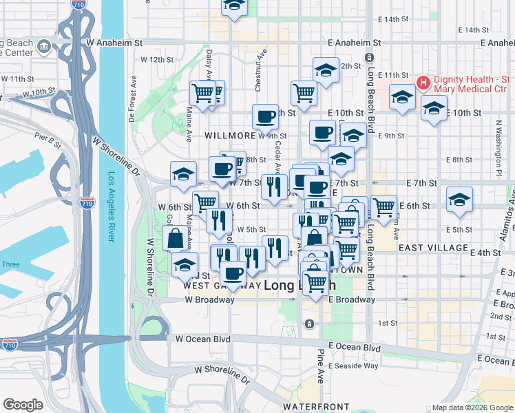 map of restaurants, bars, coffee shops, grocery stores, and more near West 6th Street & Chestnut Avenue in Long Beach
