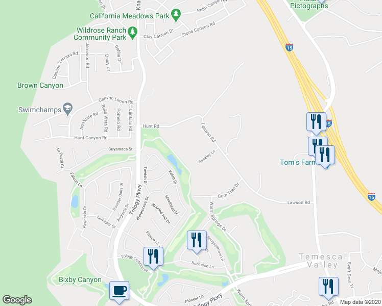 map of restaurants, bars, coffee shops, grocery stores, and more near 9260 Beazley Lane in Corona
