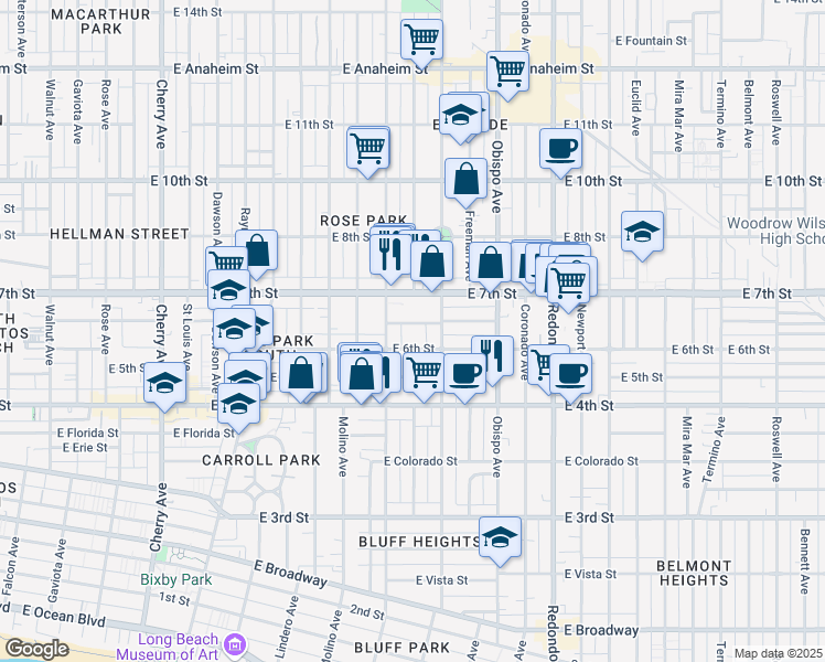 map of restaurants, bars, coffee shops, grocery stores, and more near 2840 East Theresa Street in Long Beach