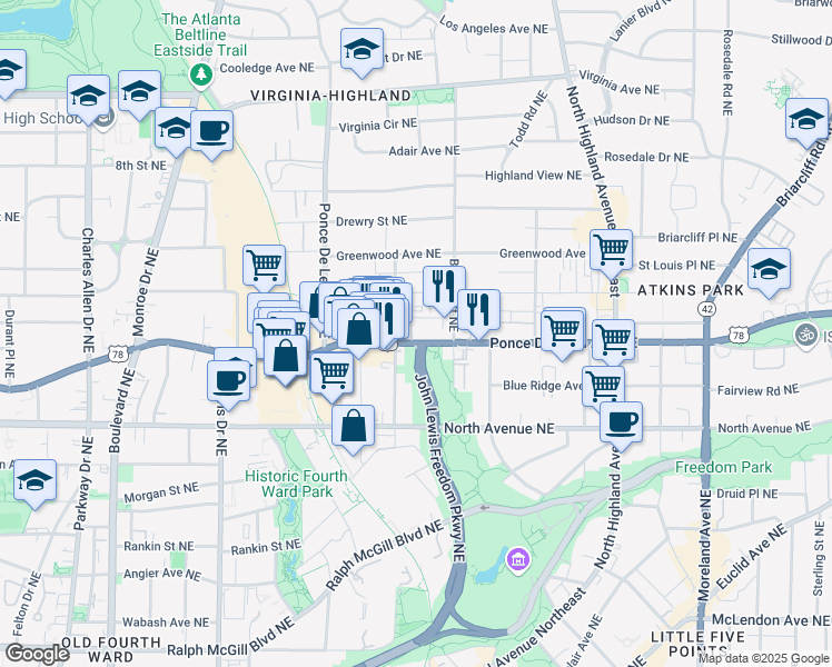 map of restaurants, bars, coffee shops, grocery stores, and more near 829 Highland Lane Northeast in Atlanta