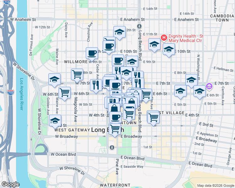 map of restaurants, bars, coffee shops, grocery stores, and more near Pine Ave & E 6th St in Long Beach