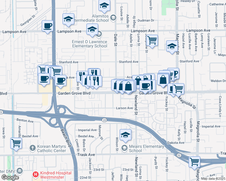 map of restaurants, bars, coffee shops, grocery stores, and more near 8507 Garden Grove Boulevard in Garden Grove