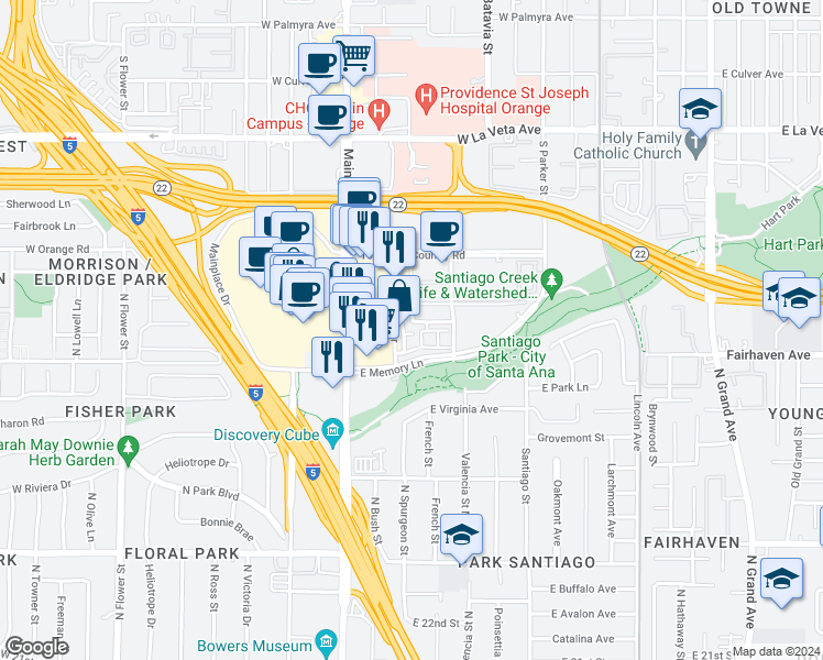 map of restaurants, bars, coffee shops, grocery stores, and more near 165 East City Place Drive in Santa Ana