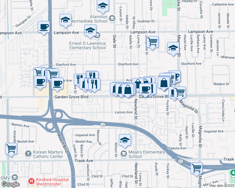 map of restaurants, bars, coffee shops, grocery stores, and more near 8507 Garden Grove Boulevard in Garden Grove