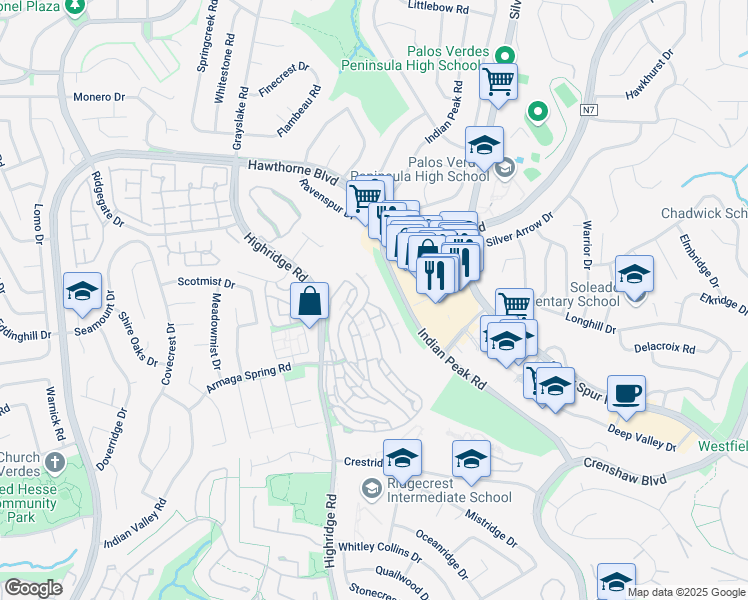 map of restaurants, bars, coffee shops, grocery stores, and more near 7 Oaktree Lane in Rolling Hills Estates