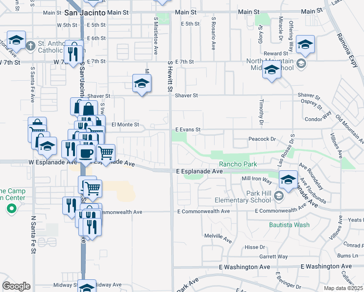 map of restaurants, bars, coffee shops, grocery stores, and more near 719 Carnation Lane in San Jacinto