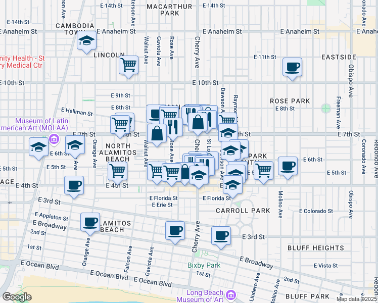 map of restaurants, bars, coffee shops, grocery stores, and more near 1918 East 6th Street in Long Beach