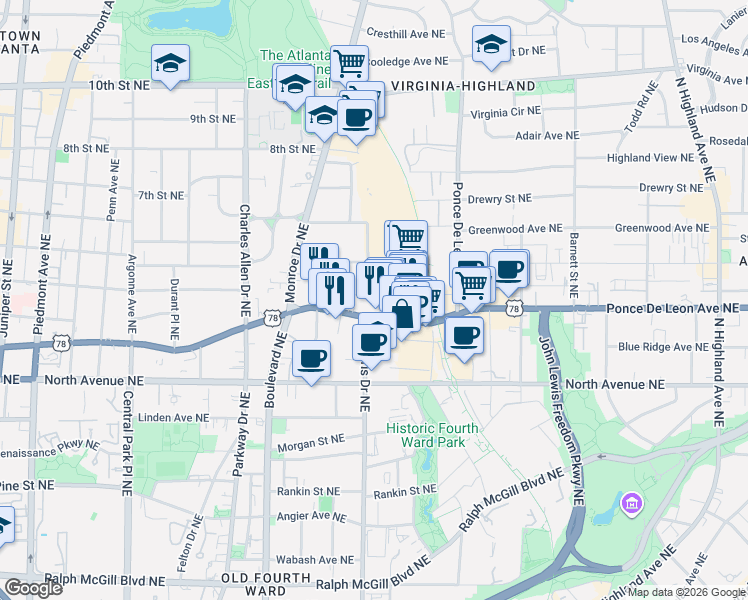 map of restaurants, bars, coffee shops, grocery stores, and more near 710 Lakeview Avenue Northeast in Atlanta