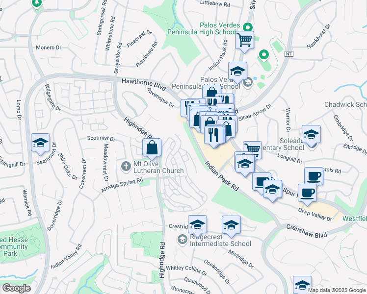 map of restaurants, bars, coffee shops, grocery stores, and more near 1 Oaktree Lane in Rolling Hills Estates