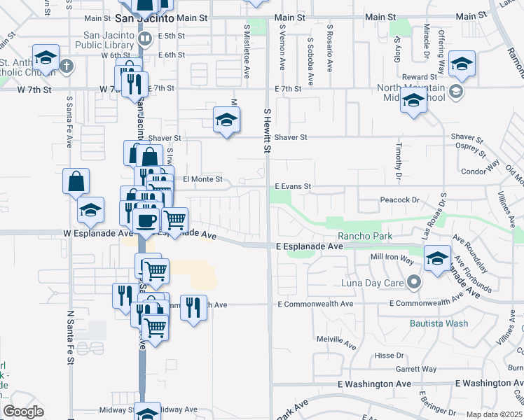 map of restaurants, bars, coffee shops, grocery stores, and more near 1371 Senator Way in San Jacinto