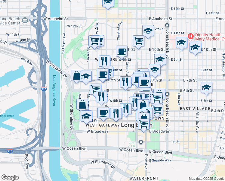 map of restaurants, bars, coffee shops, grocery stores, and more near 431 West 6th Street in Long Beach