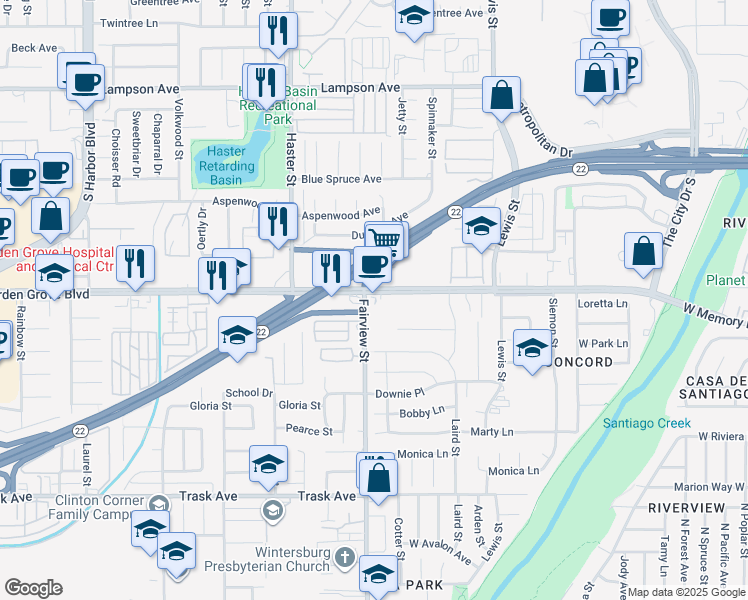 map of restaurants, bars, coffee shops, grocery stores, and more near 13172 Garden Grove Boulevard in Garden Grove