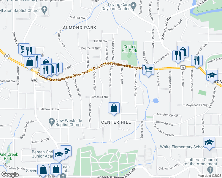 map of restaurants, bars, coffee shops, grocery stores, and more near 705 South Grand Avenue Northwest in Atlanta