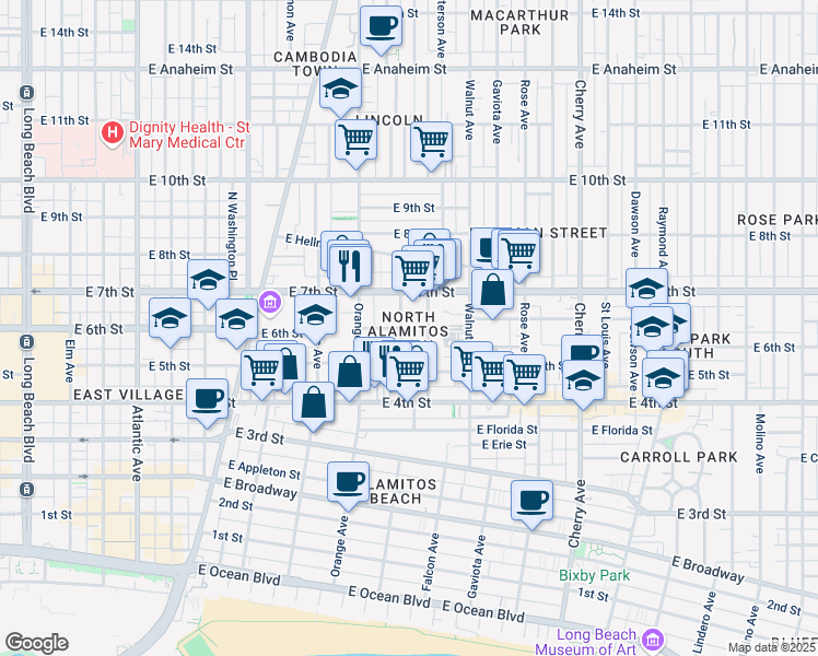 map of restaurants, bars, coffee shops, grocery stores, and more near 530 Almond Avenue in Long Beach