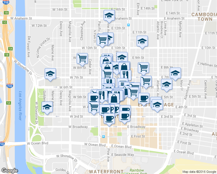 map of restaurants, bars, coffee shops, grocery stores, and more near W 6th St & E 6th St in Long Beach