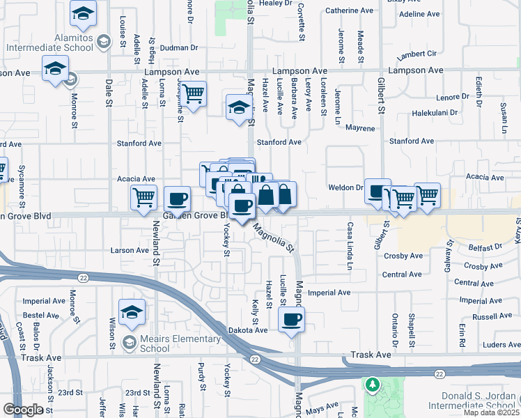 map of restaurants, bars, coffee shops, grocery stores, and more near 9001 Garden Grove Boulevard in Garden Grove