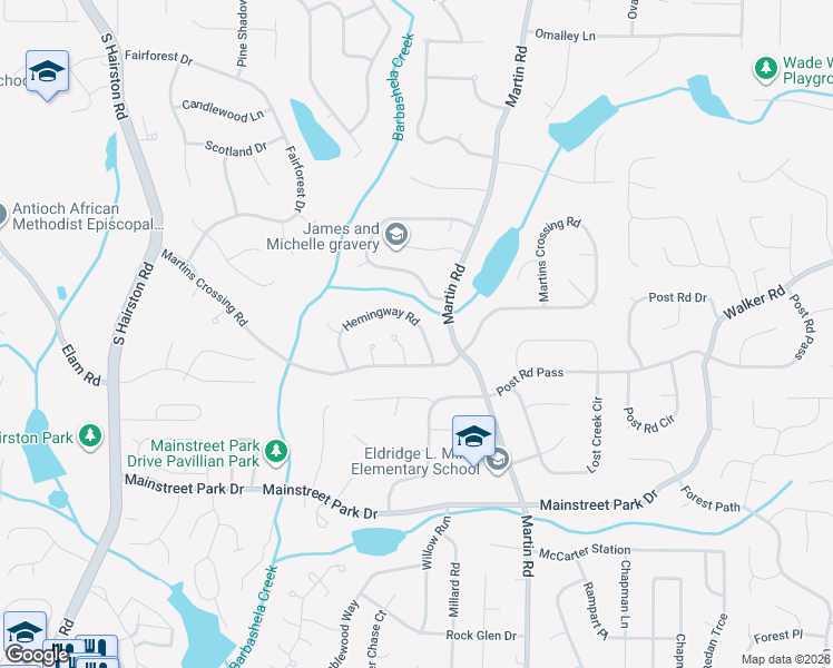 map of restaurants, bars, coffee shops, grocery stores, and more near 832 Longfellow Court in Stone Mountain