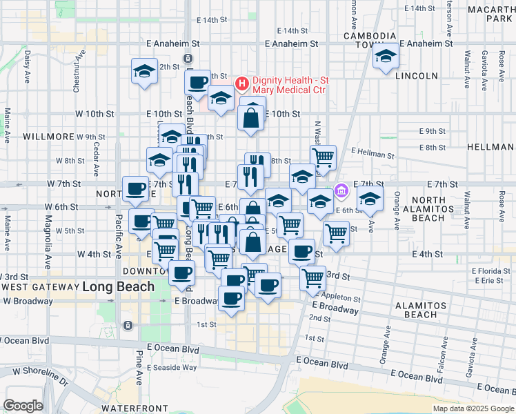 map of restaurants, bars, coffee shops, grocery stores, and more near Atlantic Avenue & 6th Street in Long Beach